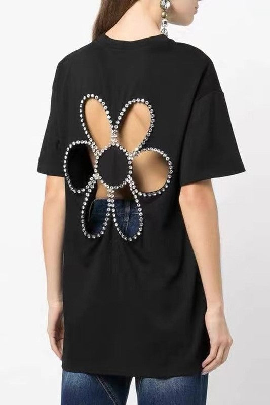 Flower Design Black Tee with Sparkle Details – Sophia