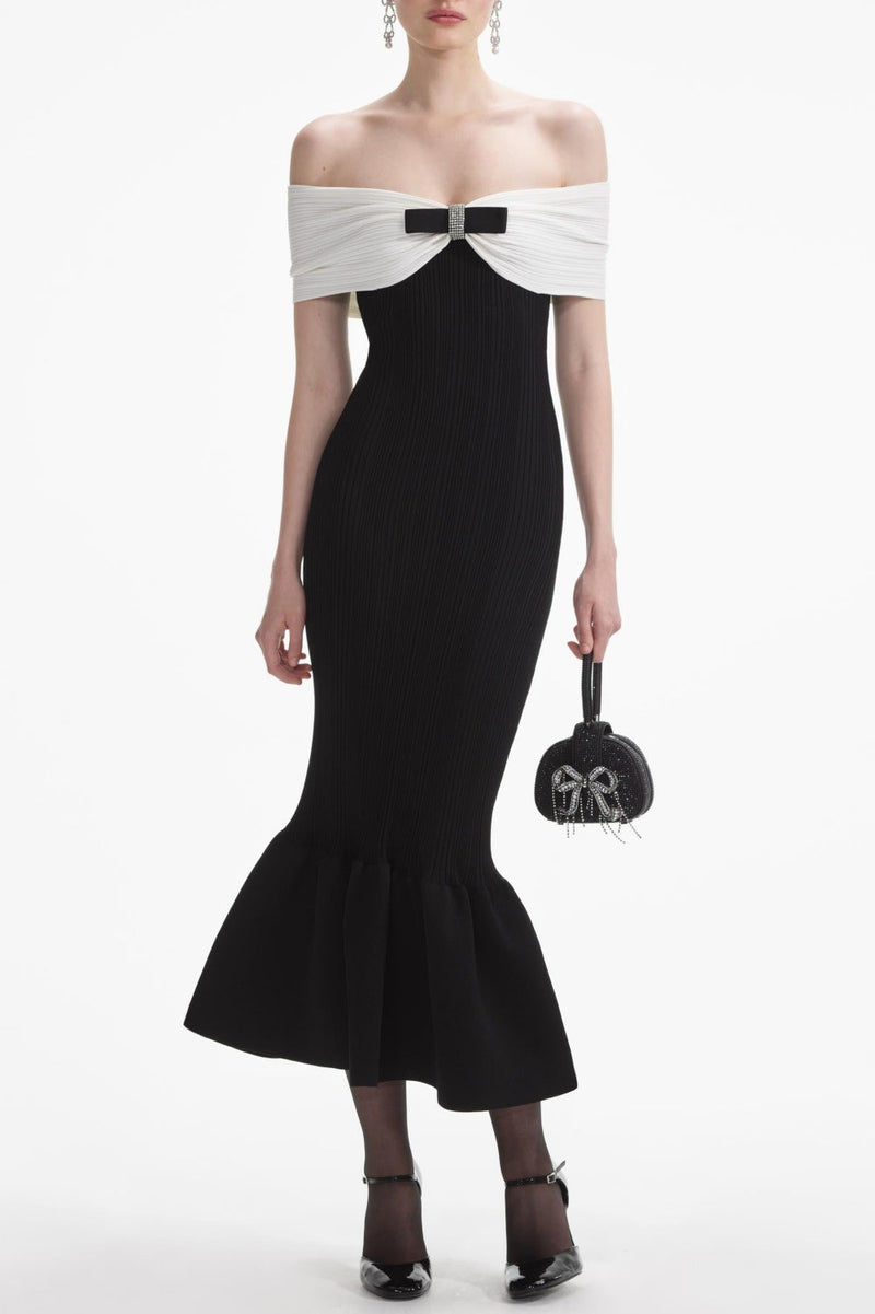 Elegant Off Shoulder Midi Dress with Bow Detail – Sophia