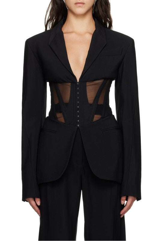 Black Mesh Panel Blazer for Women - Sophia