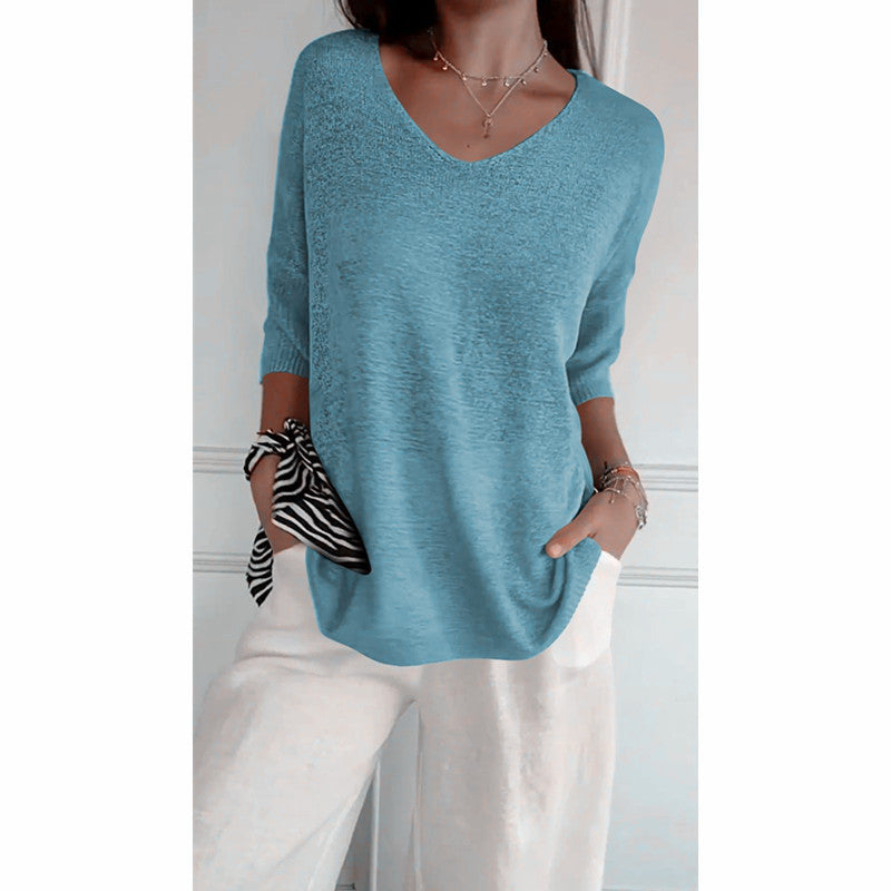 Solid Color Knitted V-Neck Top for All Seasons – Emma