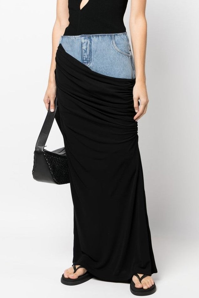 Black Denim Maxi Skirt with Patchwork Design - Emily