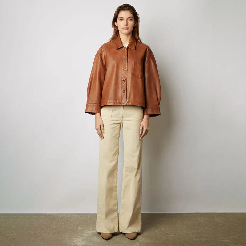 Classic Brown Leather Jacket, Button Closure – Sophia